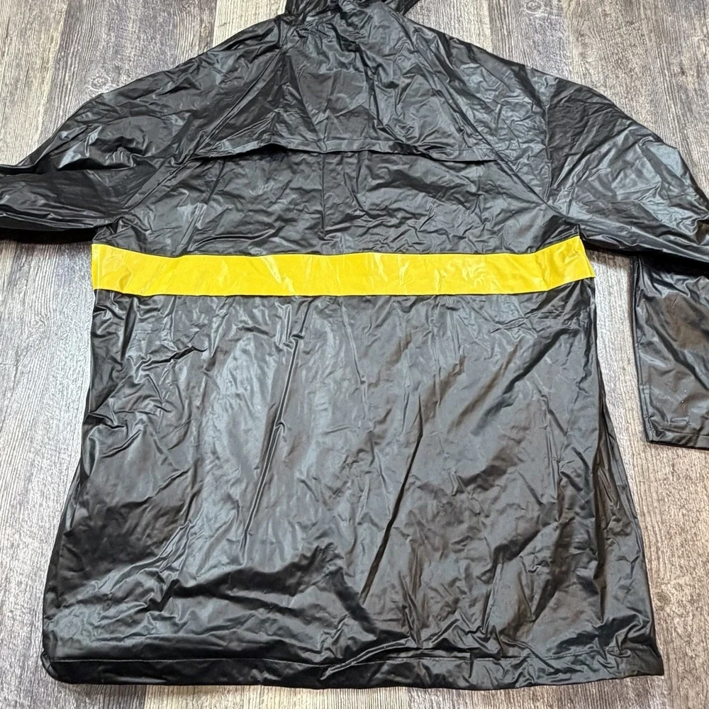 Fossil Authentic PVC Hooded Rain Jacket Black Yellow Stripe Full Zip Mens Medium